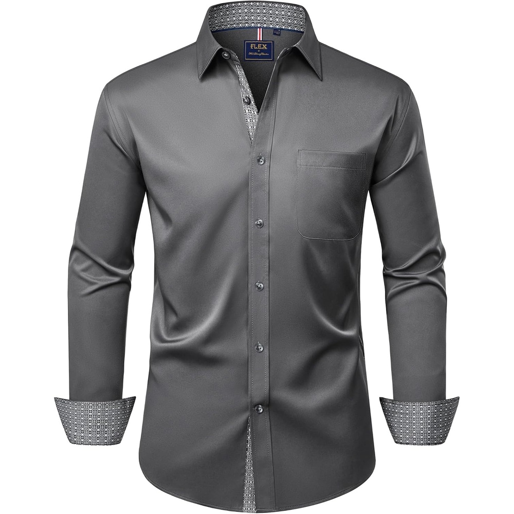 image:imageMens Dress Shirt Long Sleeve Wrinkle Free Button Down Shirt Business CasualGrey