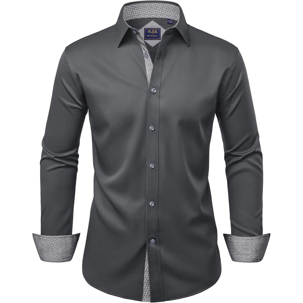 image:imageMens Dress Shirt Long Sleeve Wrinkle Free Button Down Shirt Business CasualGrey Black