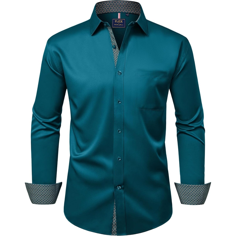 image:imageMens Dress Shirt Long Sleeve Wrinkle Free Button Down Shirt Business CasualPeacock