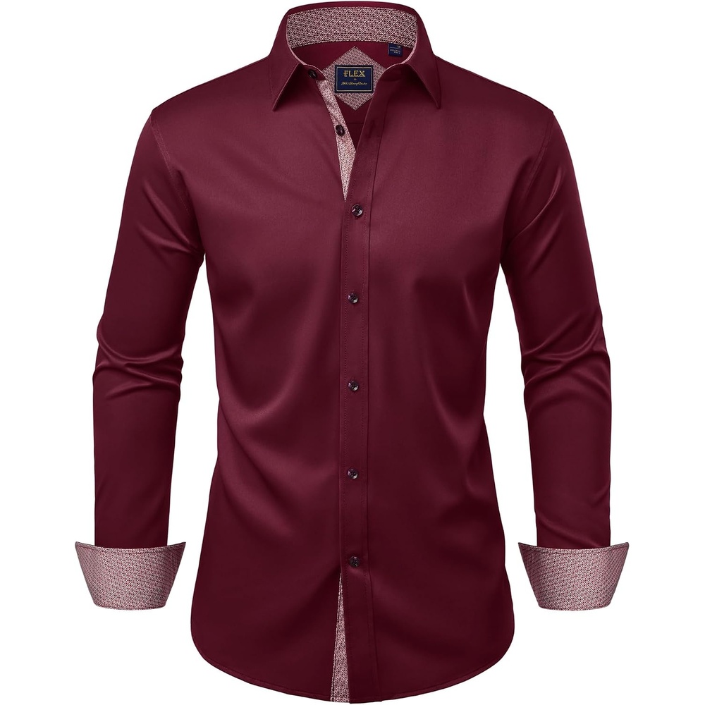 image:imageMens Dress Shirt Long Sleeve Wrinkle Free Button Down Shirt Business CasualWine Red