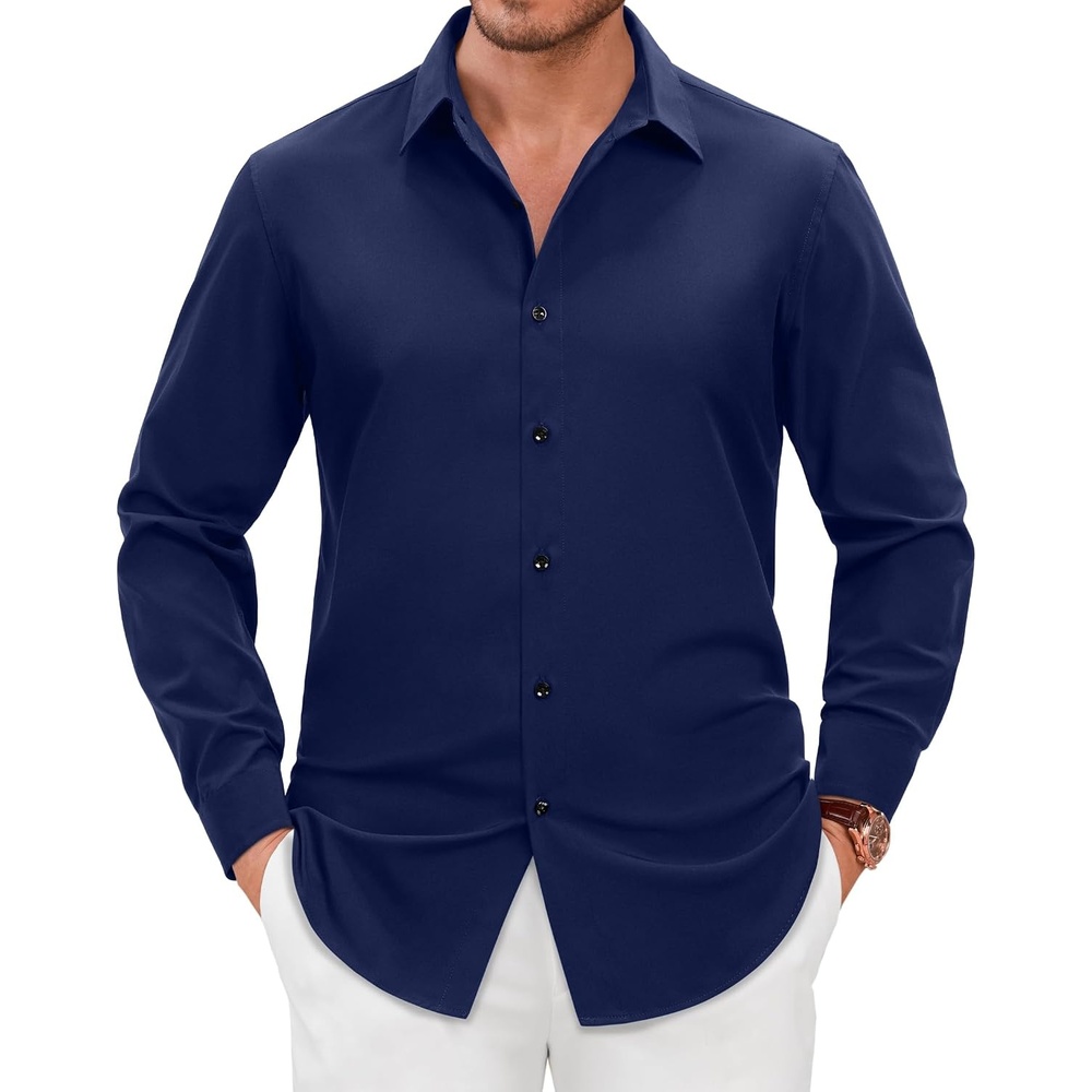 image:imageMens Dress Shirts Long Sleeve Wrinkle Free Business Button Up Shirts Non Iron Stretch Spread Collar Regular Fit for Business Casual Wedding Office Workwear Dinners Funeral Formal OccasionNavy Blue