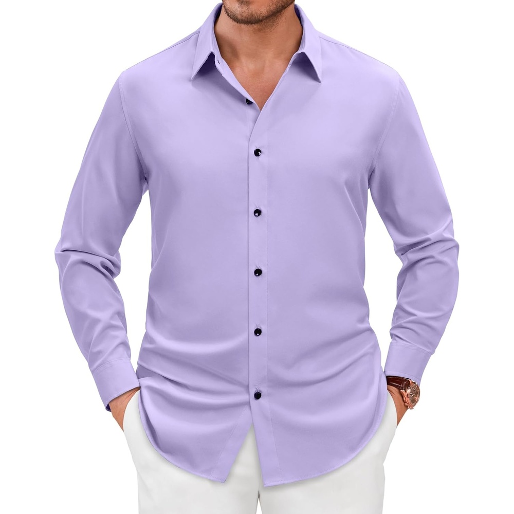 image:imageMens Dress Shirts Long Sleeve Wrinkle Free Business Button Up Shirts Non Iron Stretch Spread Collar Regular Fit for Business Casual Wedding Office Workwear Dinners Funeral Formal OccasionLavender
