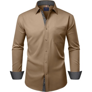 Mens Dress Shirt Long Sleeve Wrinkle Free Button Down Shirt Business Casual | No Iron, Contrast Color Collar Cuffs, Formal Casual, Versatile, Graduation Office Party, Regular Fit, Breathable, No Fading(Camel)