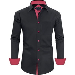 Mens Dress Shirt Long Sleeve Wrinkle Free Button Down Shirt Business Casual(Flex Black Red)