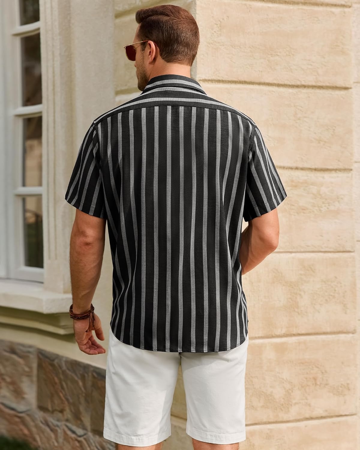 image:imageMens Linen Shirt Striped Short Sleeve Button Down Summer Beach Shirt Linen Texture Wrinkle Free Breathable Lightweight Shrink Resistant Striped Vintage Summer Travel Wedding Party BusinessBlack