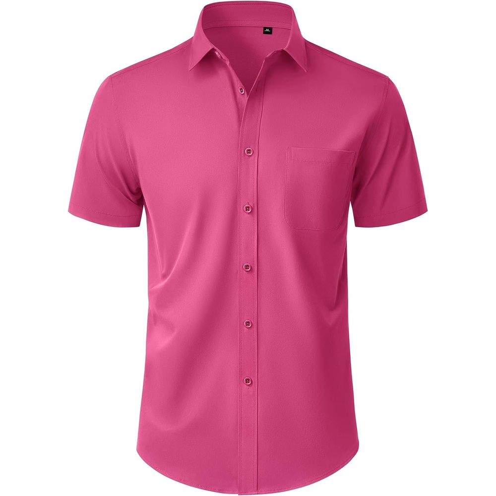 image:imageMens Short Sleeve Dress Shirt Wrinkle Free Button Down Shirt with Pocket Work Office Wedding Graduation Formal Business Casual Party Family Comfortable Gala Easy Care Solid Fabric Regular FitHot Pink