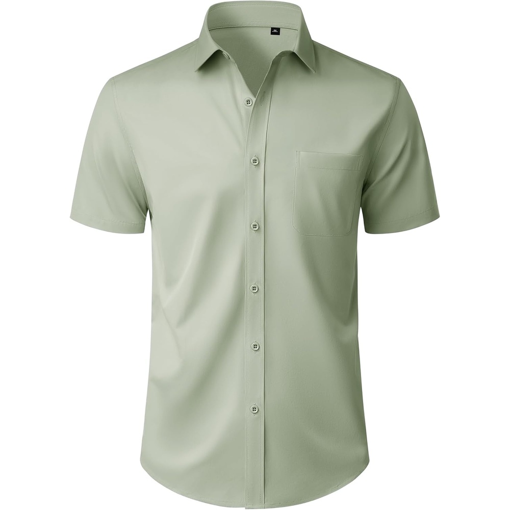 image:imageMens Short Sleeve Dress Shirt Wrinkle Free Button Down Shirt with Pocket Work Office Wedding Graduation Formal Business Casual Party Family Comfortable Gala Easy Care Solid Fabric Regular FitSage Green