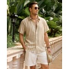 Mens Linen Shirt Striped Short Sleeve Button Down Summer Beach Shirt | Linen Texture, Wrinkle Free Breathable Lightweight Shrink Resistant, Striped Vintage, Summer, Travel Wedding Party Business(Tan)