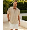 Mens Linen Shirt Striped Short Sleeve Button Down Summer Beach Shirt | Linen Texture, Wrinkle Free Breathable Lightweight Shrink Resistant, Striped Vintage, Summer, Travel Wedding Party Business(Tan)