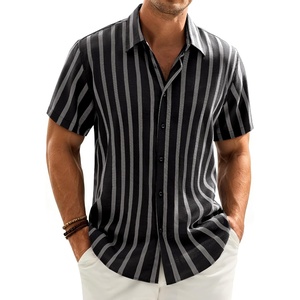 Mens Linen Shirt Striped Short Sleeve Button Down Summer Beach Shirt | Linen Texture, Wrinkle Free Breathable Lightweight Shrink Resistant, Striped Vintage, Summer, Travel Wedding Party Business(Black)