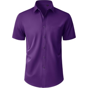 Mens Short Sleeve Dress Shirt Wrinkle Free Button Down Shirt with Pocket | Work Office, Wedding Graduation, Formal Business Casual, Party Family, Comfortable Gala, Easy Care Solid Fabric, Regular Fit(Purple)