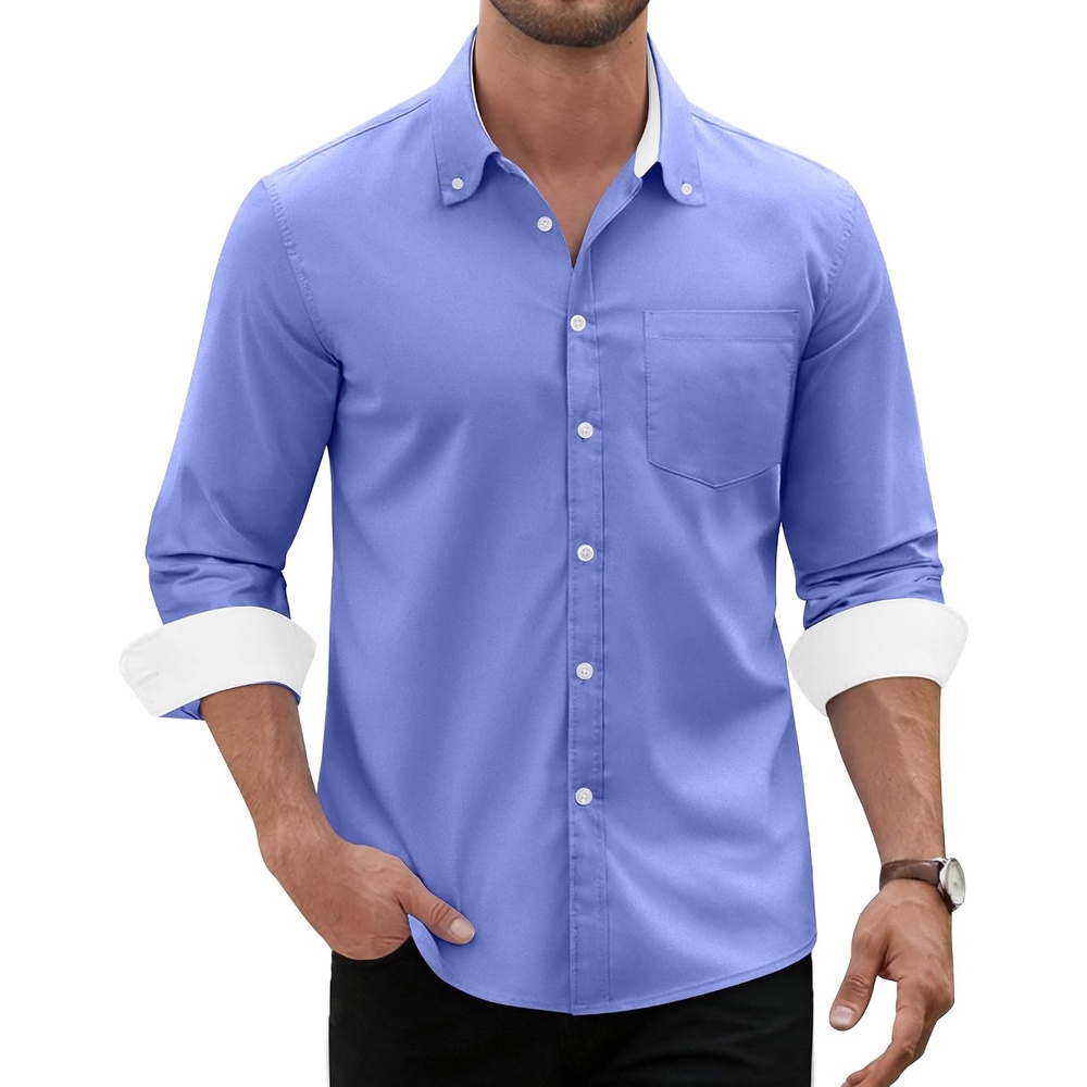 image:imageMens Oxford Stretch Shirt Casual Long Sleeve Button Down Dress Shirt Contrast Collar Cuffs Formal Casual Easy Care Stretch Comfort Regular Fit for Wedding Vacation Work Office WeekendBlue