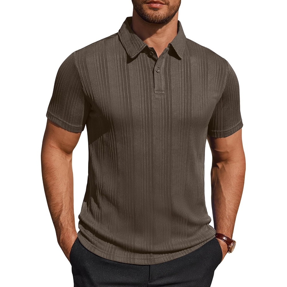 image:imageMens Polo Shirts Short Sleeve Knit Stretch Lightweight Casual Summer Shirt  Breathable Wrinkle Free No Shrinkage No Deformation Knit Pleated Textured Design Regular Fit Vacation Wedding BusinessBrown