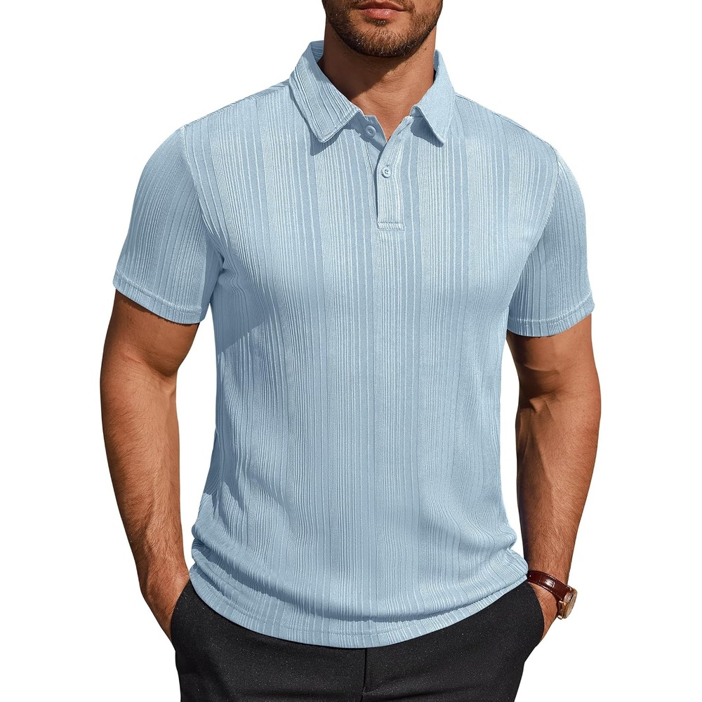 image:imageMens Polo Shirts Short Sleeve Knit Stretch Lightweight Casual Summer Shirt  Breathable Wrinkle Free No Shrinkage No Deformation Knit Pleated Textured Design Regular Fit Vacation Wedding BusinessBlue