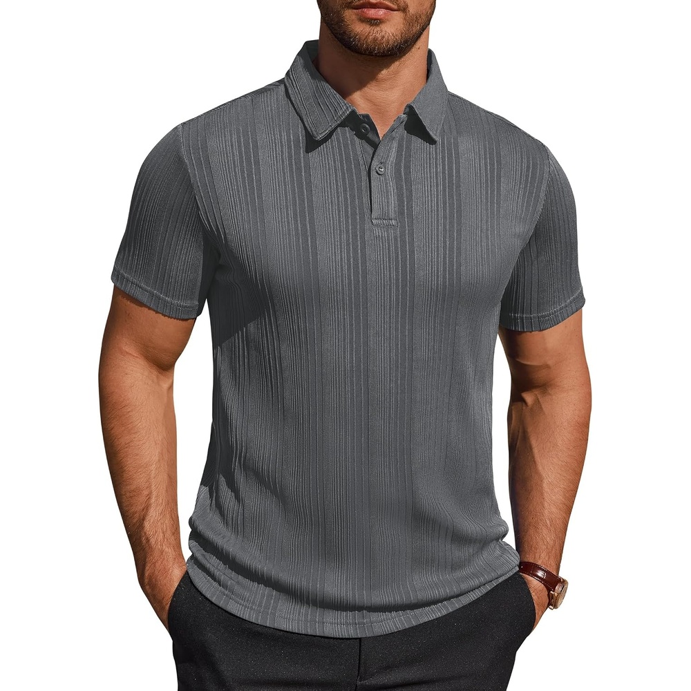 image:imageMens Polo Shirts Short Sleeve Knit Stretch Lightweight Casual Summer Shirt  Breathable Wrinkle Free No Shrinkage No Deformation Knit Pleated Textured Design Regular Fit Vacation Wedding BusinessGrey