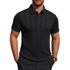 Mens Polo Shirts Short Sleeve Knit Stretch Lightweight Casual Summer Shirt | Breathable Wrinkle Free, No Shrinkage No Deformation, Knit Pleated Textured Design, Regular Fit， Vacation Wedding Business(Black)