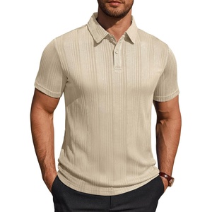 Mens Polo Shirts Short Sleeve Knit Stretch Lightweight Casual Summer Shirt | Breathable Wrinkle Free, No Shrinkage No Deformation, Knit Pleated Textured Design, Regular Fit， Vacation Wedding Business(Tan)