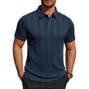 Mens Polo Shirts Short Sleeve Knit Stretch Lightweight Casual Summer Shirt | Breathable Wrinkle Free, No Shrinkage No Deformation, Knit Pleated Textured Design, Regular Fit， Vacation Wedding Business(Navy Blue)