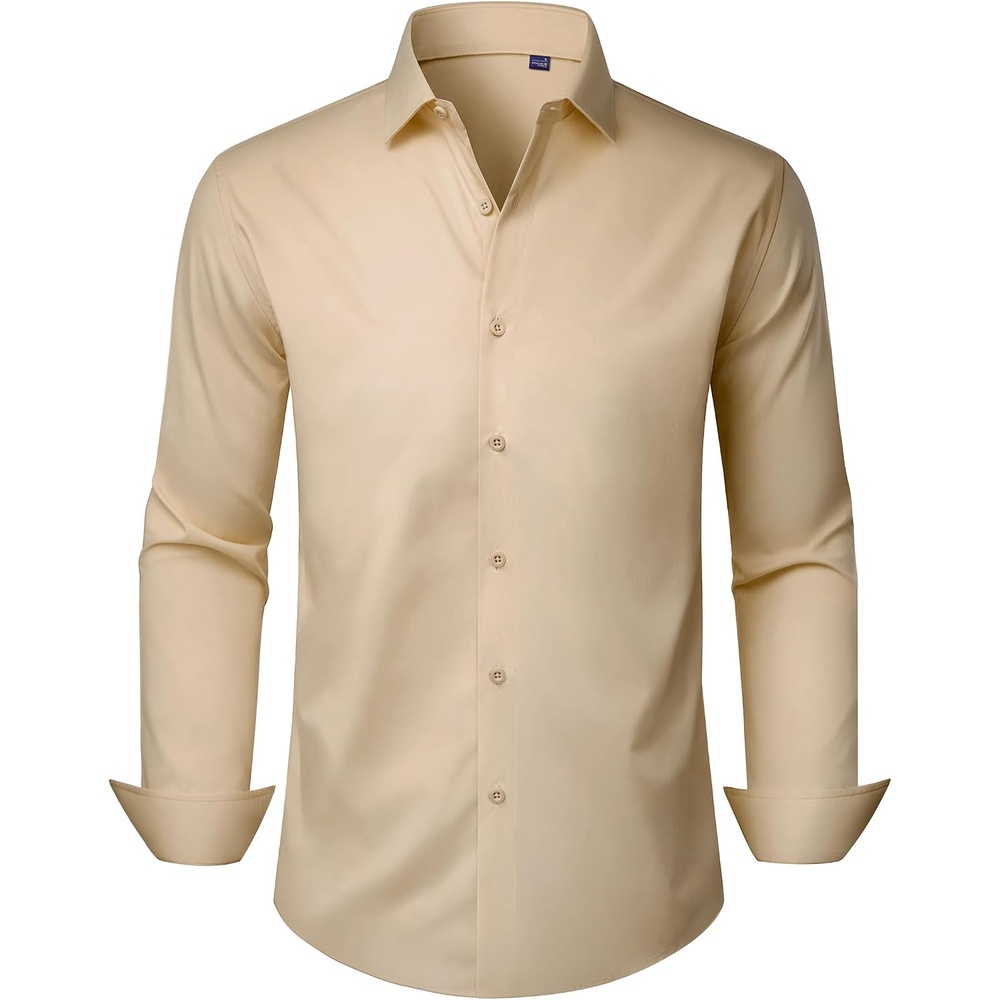 image:imageMens Dress Shirts Long Sleeve Stretch Wrinkle Free Work Button Down Shirt Business Formal Office Wedding Stretch Cotton Solid Fabric To Easy Care Breathable Comfortable Spread Collar Regular FitTan