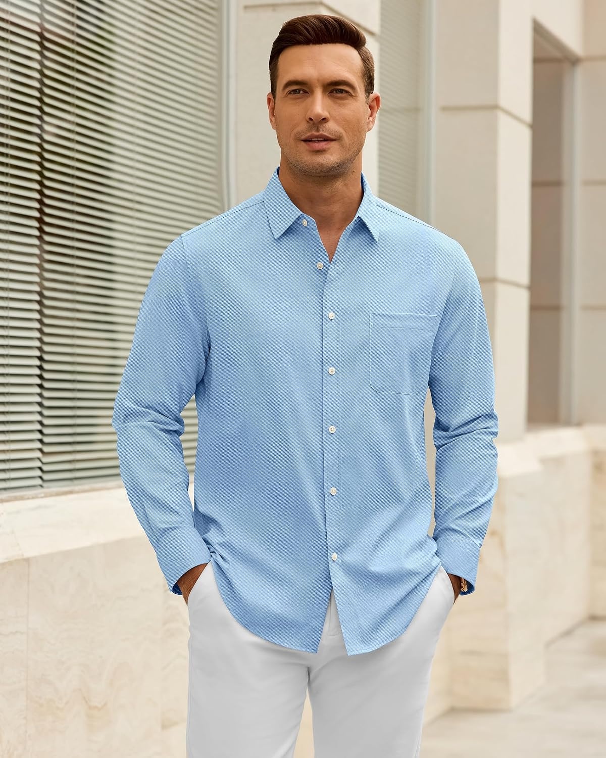 image:imageAlimens amp Gentle Mens Oxford Shirt Casual Stretch Long Sleeve Dress Shirt Smart Casual Tops Wrinkle Resistant Solid Untucked Fit with Chest Pocket Cotton Blend Casual Formal Business OccasionsLight Blue