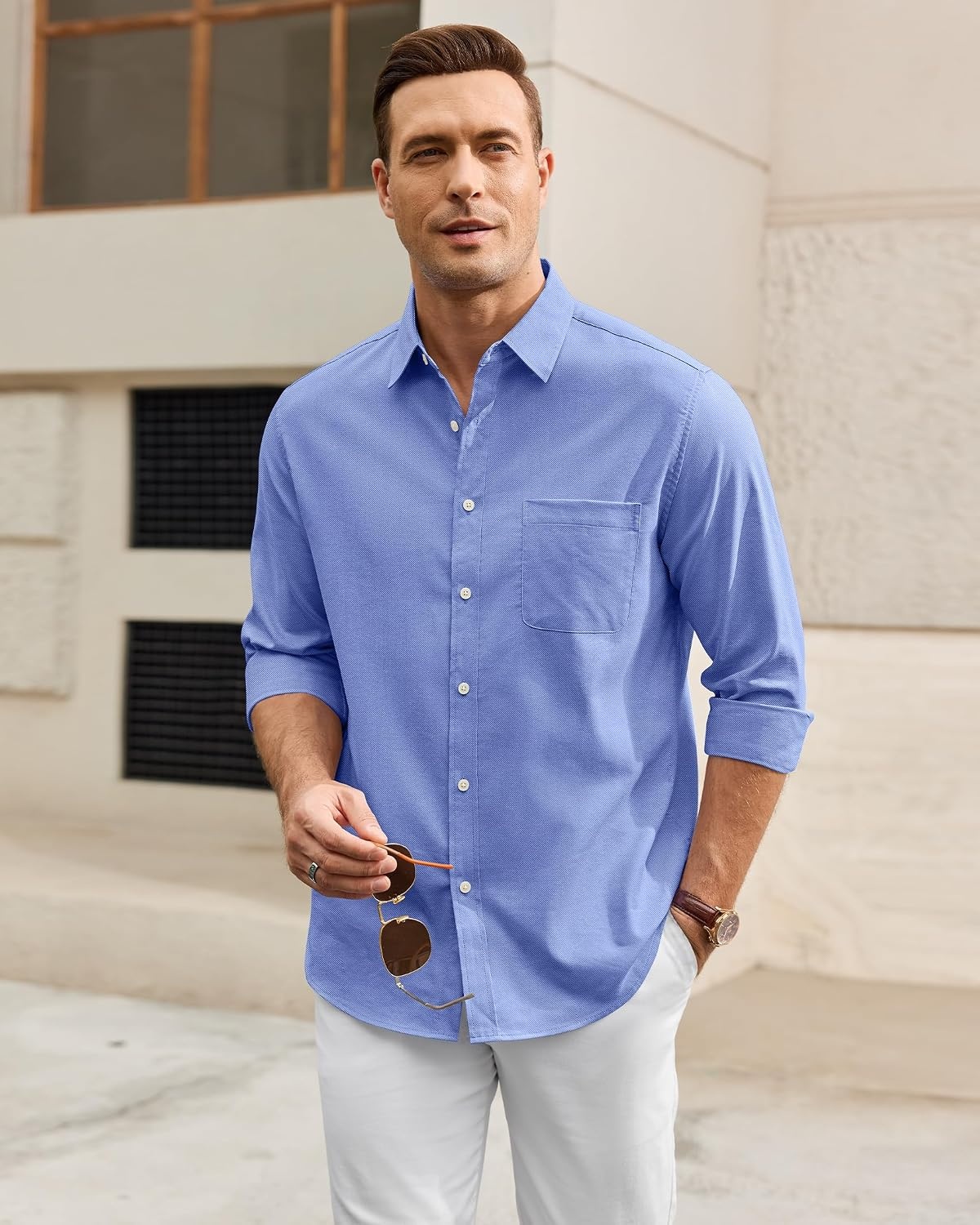 image:imageAlimens amp Gentle Mens Oxford Shirt Casual Stretch Long Sleeve Dress Shirt Smart Casual Tops Wrinkle Resistant Solid Untucked Fit with Chest Pocket Cotton Blend Casual Formal Business OccasionsDenim Blue