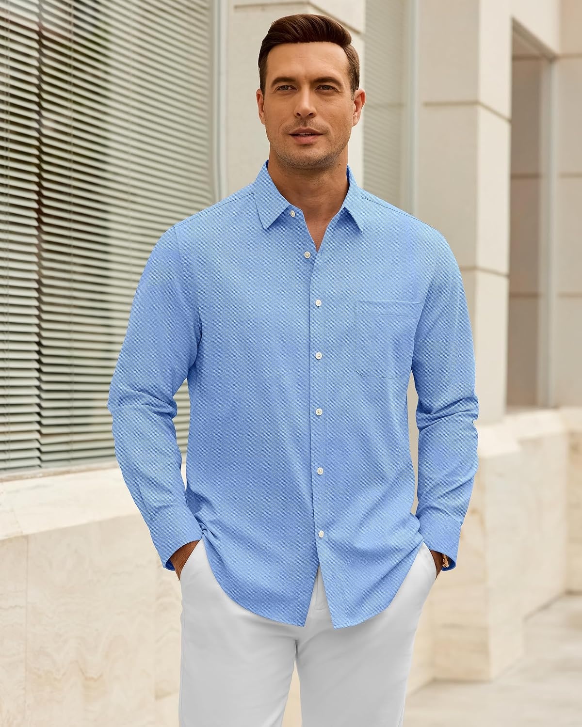 image:imageAlimens amp Gentle Mens Oxford Shirt Casual Stretch Long Sleeve Dress Shirt Smart Casual Tops Wrinkle Resistant Solid Untucked Fit with Chest Pocket Cotton Blend Casual Formal Business OccasionsBlue