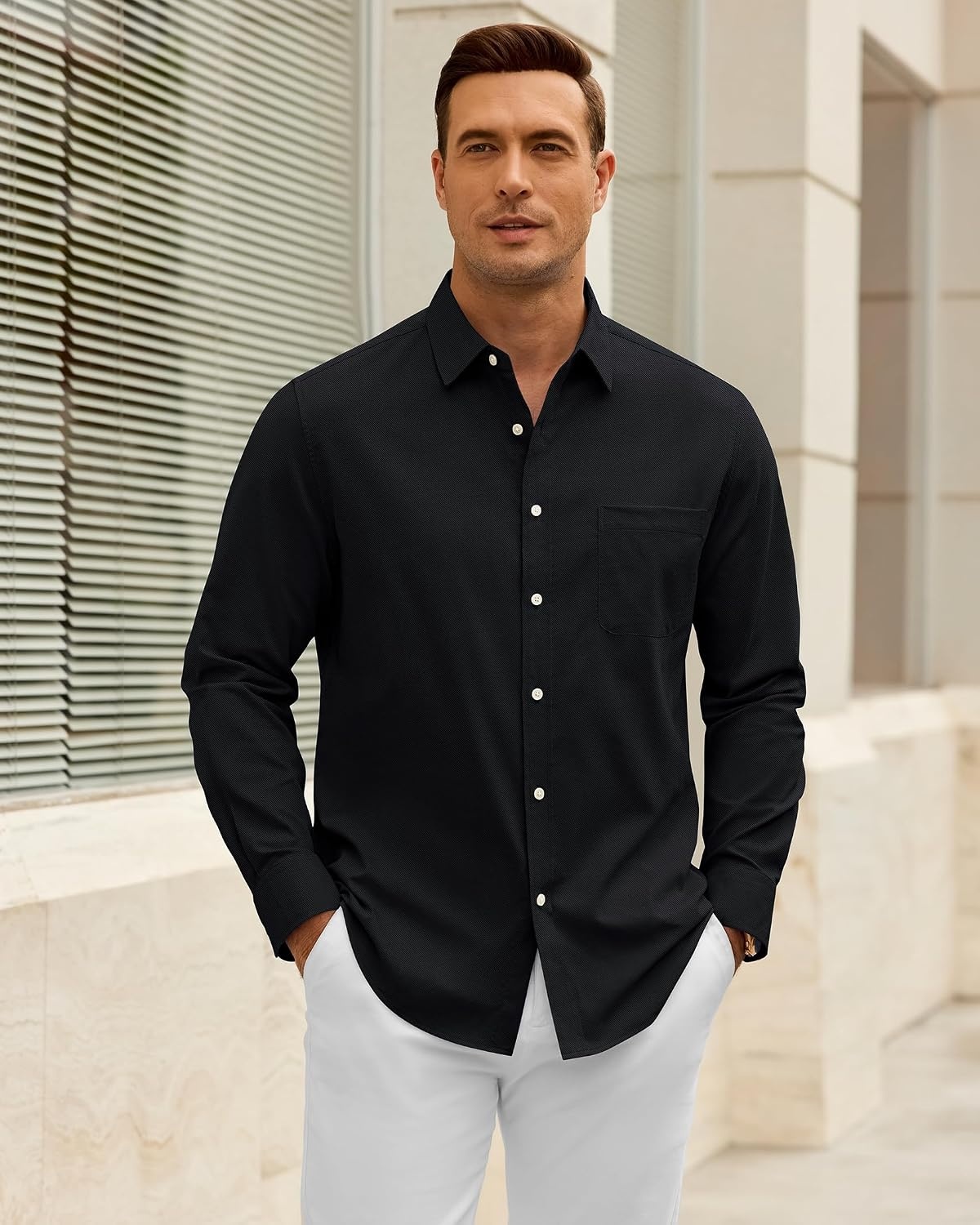 image:imageAlimens amp Gentle Mens Oxford Shirt Casual Stretch Long Sleeve Dress Shirt Smart Casual Tops Wrinkle Resistant Solid Untucked Fit with Chest Pocket Cotton Blend Casual Formal Business OccasionsBlack