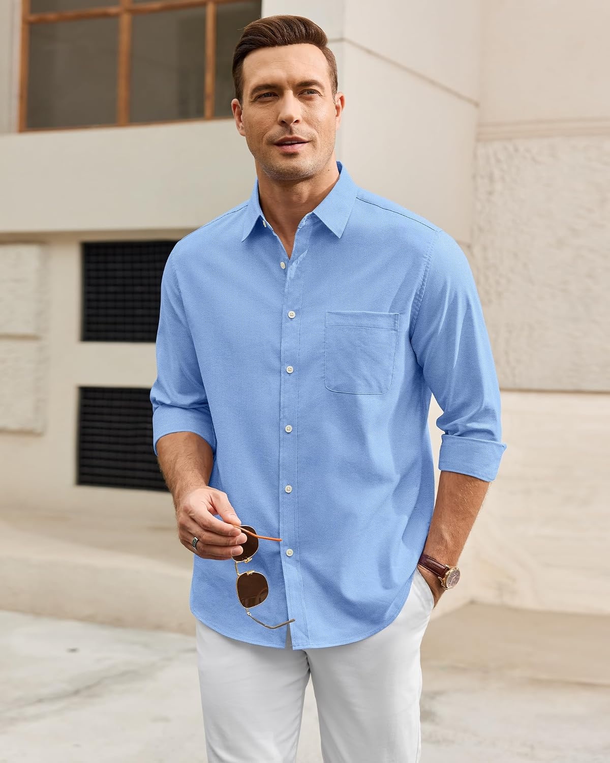image:imageAlimens amp Gentle Mens Oxford Shirt Casual Stretch Long Sleeve Dress Shirt Smart Casual Tops Wrinkle Resistant Solid Untucked Fit with Chest Pocket Cotton Blend Casual Formal Business OccasionsBlue