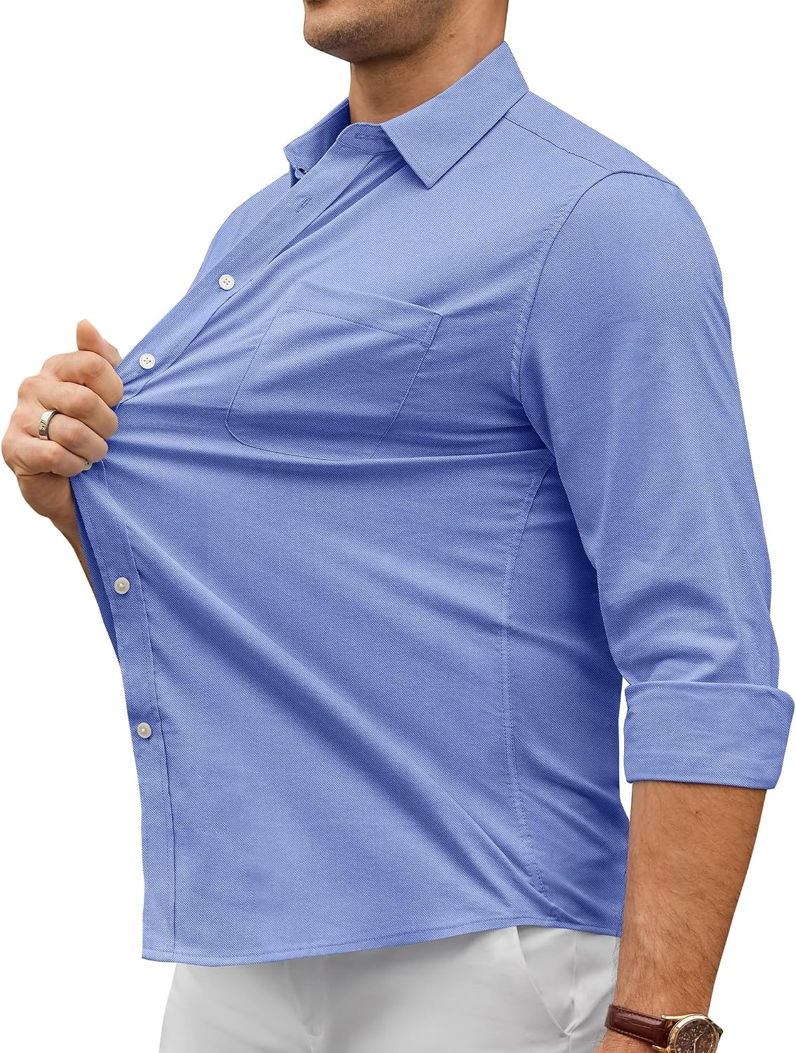 image:imageAlimens amp Gentle Mens Oxford Shirt Casual Stretch Long Sleeve Dress Shirt Smart Casual Tops Wrinkle Resistant Solid Untucked Fit with Chest Pocket Cotton Blend Casual Formal Business OccasionsDenim Blue