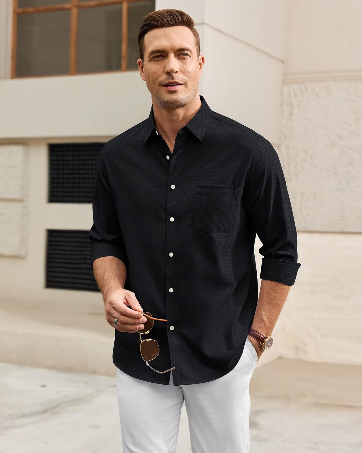 image:imageAlimens amp Gentle Mens Oxford Shirt Casual Stretch Long Sleeve Dress Shirt Smart Casual Tops Wrinkle Resistant Solid Untucked Fit with Chest Pocket Cotton Blend Casual Formal Business OccasionsBlack