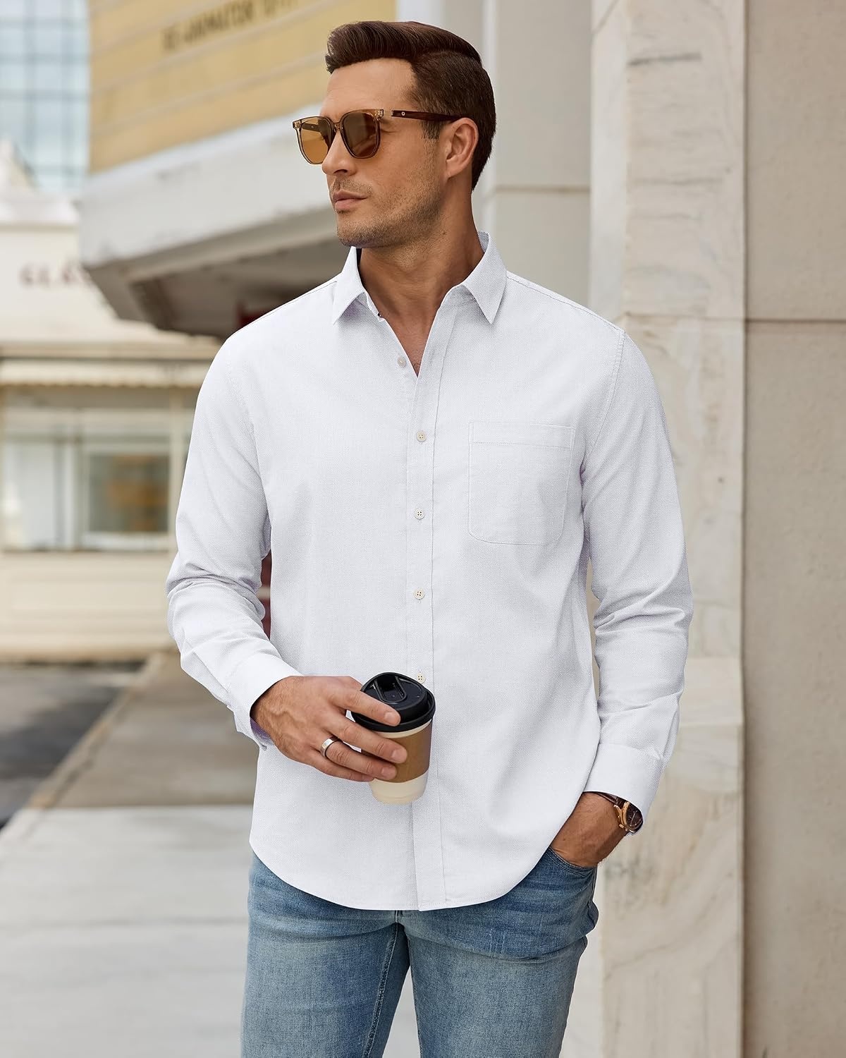 image:imageAlimens amp Gentle Mens Oxford Shirt Casual Stretch Long Sleeve Dress Shirt Smart Casual Tops Wrinkle Resistant Solid Untucked Fit with Chest Pocket Cotton Blend Casual Formal Business OccasionsWhite