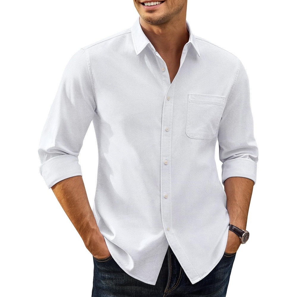 image:imageAlimens amp Gentle Mens Oxford Shirt Casual Stretch Long Sleeve Dress Shirt Smart Casual Tops Wrinkle Resistant Solid Untucked Fit with Chest Pocket Cotton Blend Casual Formal Business OccasionsWhite