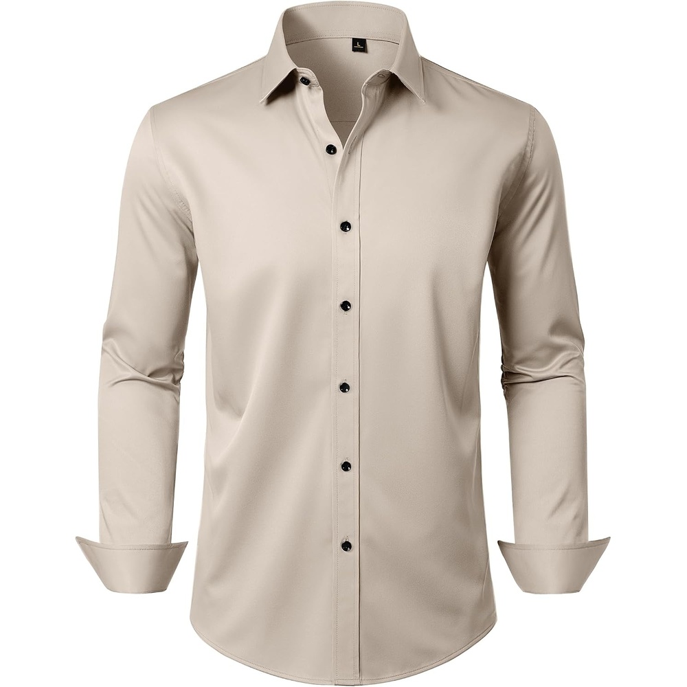image:imageMens Dress Shirt Long Sleeve Wrinkle Free Stretch Button Down Shirts Non Iron Regular Fit Solid Color Button Up for Business Casual Wedding Office Work Party Dating Interview Meeting FormalTan