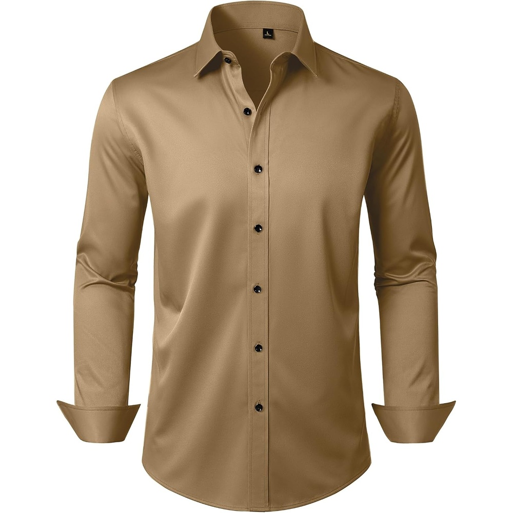 image:imageMens Dress Shirt Long Sleeve Wrinkle Free Stretch Button Down Shirts Non Iron Regular Fit Solid Color Button Up for Business Casual Wedding Office Work Party Dating Interview Meeting FormalKhaki