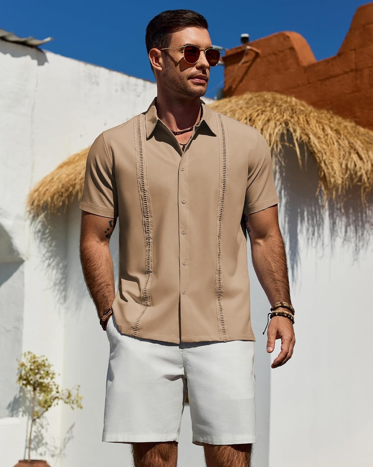 image:imageMens Cuban Guayabera Short Sleeve Button Down Shirt Casual Beach Summer Lightweight Breathable Collared Untucked Daily Wear Cruise Dinner Resort Walk Vacation Party Wedding SolidKahki