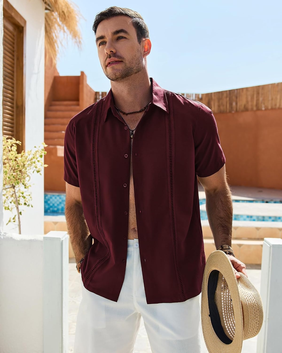 image:imageMens Cuban Guayabera Short Sleeve Button Down Shirt Casual Beach Summer Lightweight Breathable Collared Untucked Daily Wear Cruise Dinner Resort Walk Vacation Party Wedding SolidBurgundy