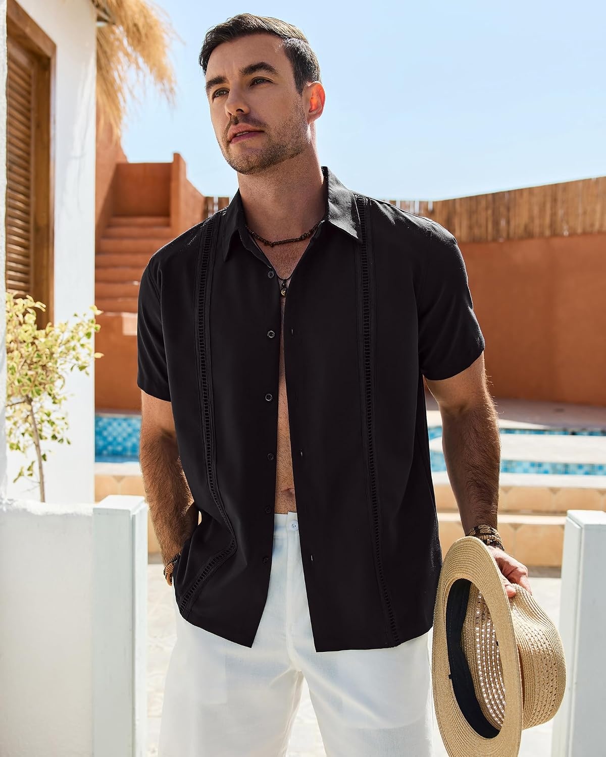 image:imageMens Cuban Guayabera Short Sleeve Button Down Shirt Casual Beach Summer Lightweight Breathable Collared Untucked Daily Wear Cruise Dinner Resort Walk Vacation Party Wedding SolidBlack