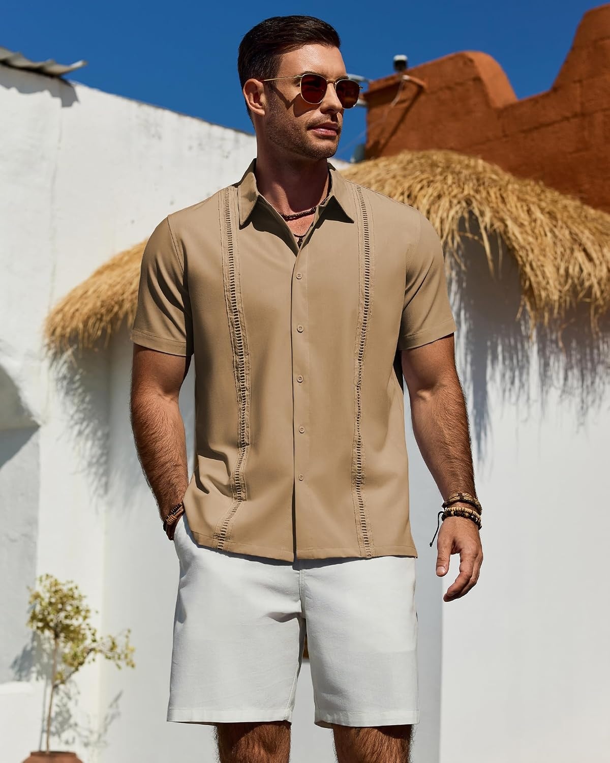 image:imageMens Cuban Guayabera Short Sleeve Button Down Shirt Casual Beach Summer Lightweight Breathable Collared Untucked Daily Wear Cruise Dinner Resort Walk Vacation Party Wedding SolidTan