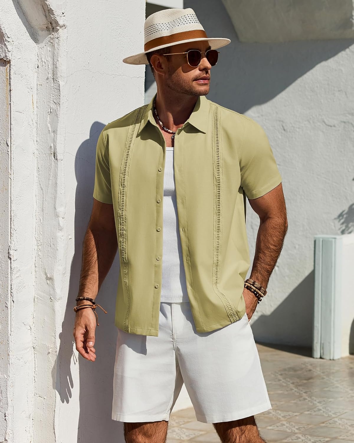 image:imageMens Cuban Guayabera Short Sleeve Button Down Shirt Casual Beach Summer Lightweight Breathable Collared Untucked Daily Wear Cruise Dinner Resort Walk Vacation Party Wedding SolidYellow Green