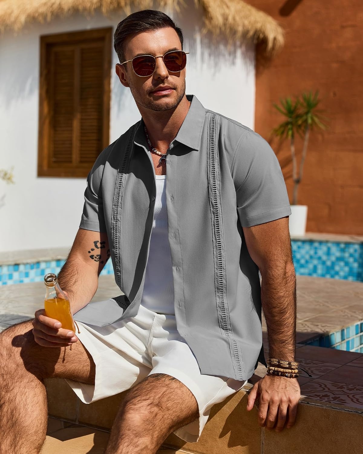 image:imageMens Cuban Guayabera Short Sleeve Button Down Shirt Casual Beach Summer Lightweight Breathable Collared Untucked Daily Wear Cruise Dinner Resort Walk Vacation Party Wedding SolidGrey