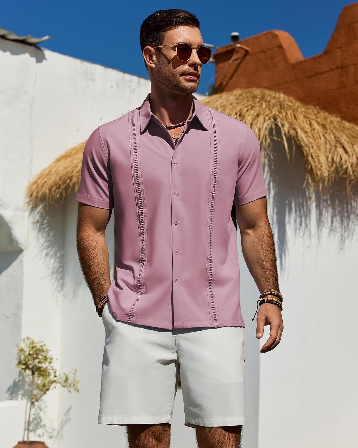 image:imageMens Cuban Guayabera Short Sleeve Button Down Shirt Casual Beach Summer Lightweight Breathable Collared Untucked Daily Wear Cruise Dinner Resort Walk Vacation Party Wedding SolidCoral Pink