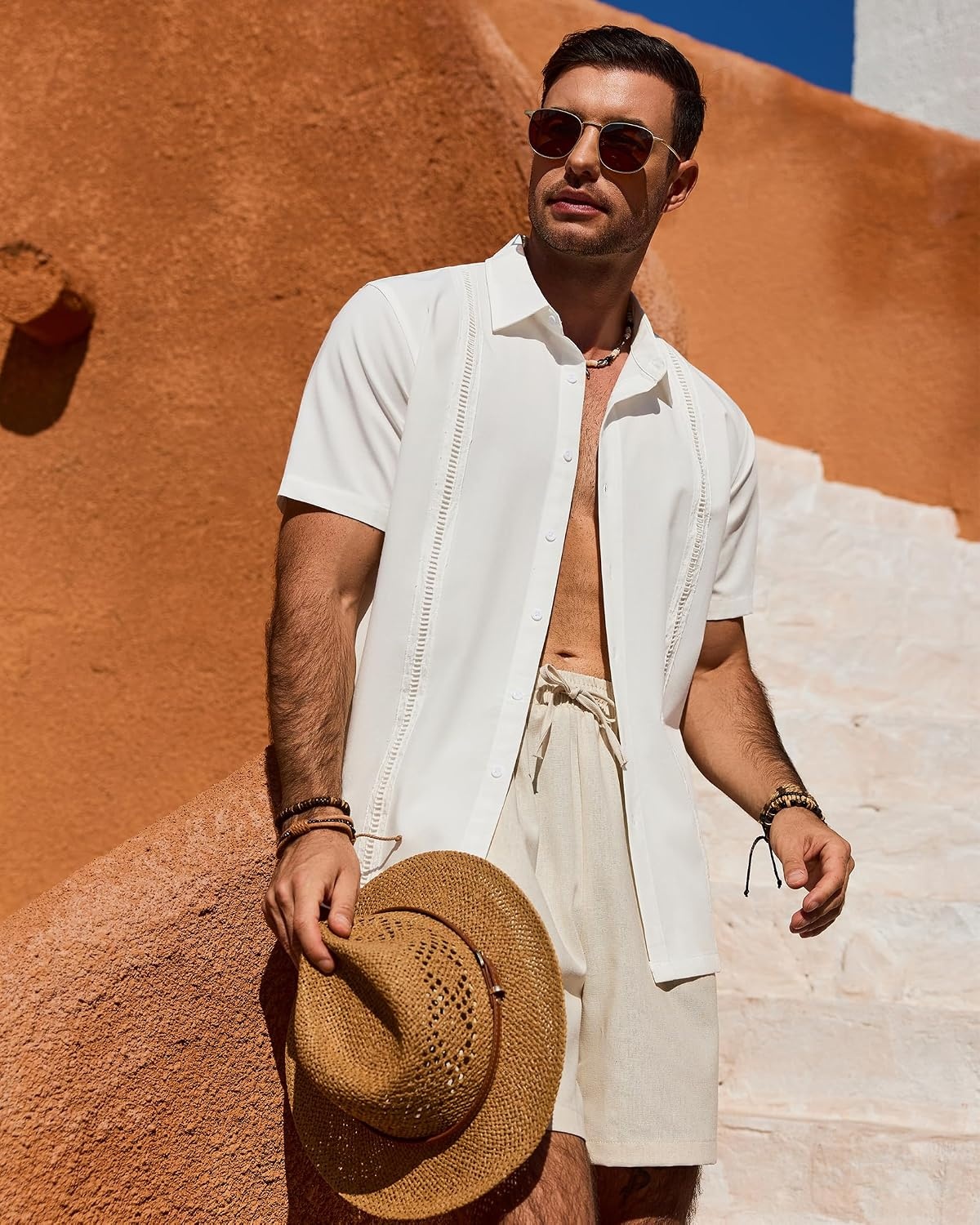 image:imageMens Cuban Guayabera Short Sleeve Button Down Shirt Casual Beach Summer Lightweight Breathable Collared Untucked Daily Wear Cruise Dinner Resort Walk Vacation Party Wedding SolidWhite