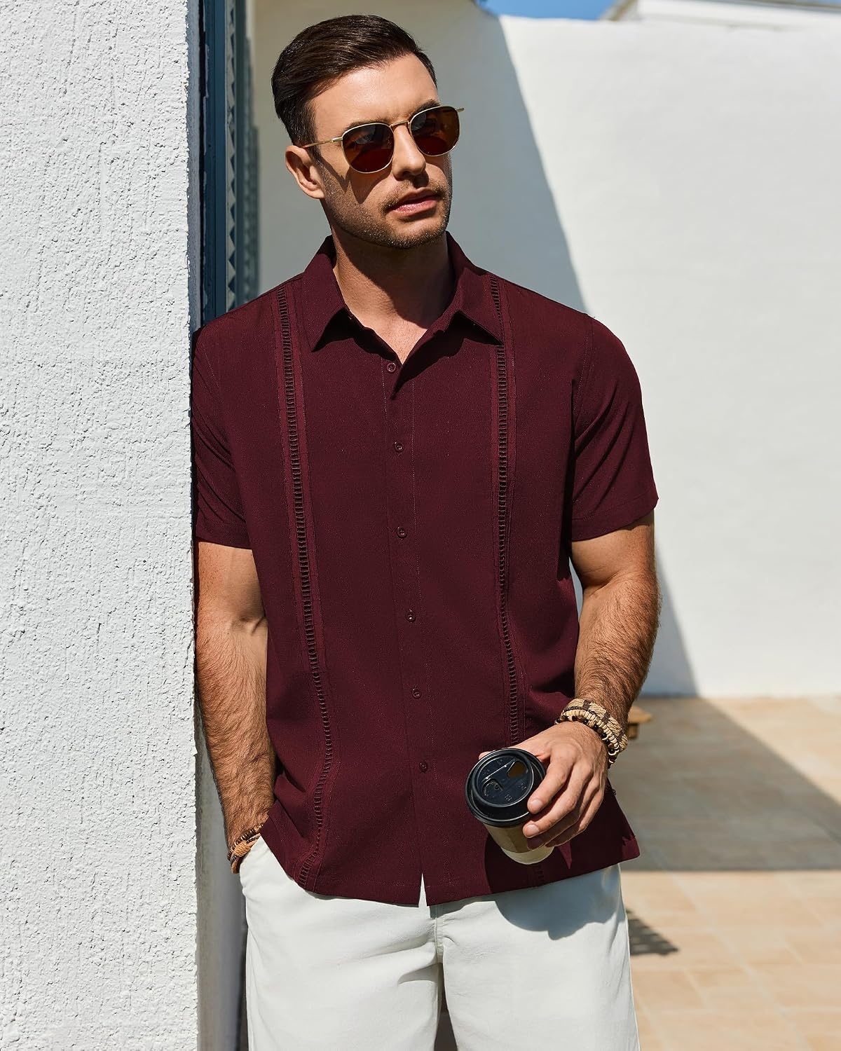 image:imageMens Cuban Guayabera Short Sleeve Button Down Shirt Casual Beach Summer Lightweight Breathable Collared Untucked Daily Wear Cruise Dinner Resort Walk Vacation Party Wedding SolidBurgundy