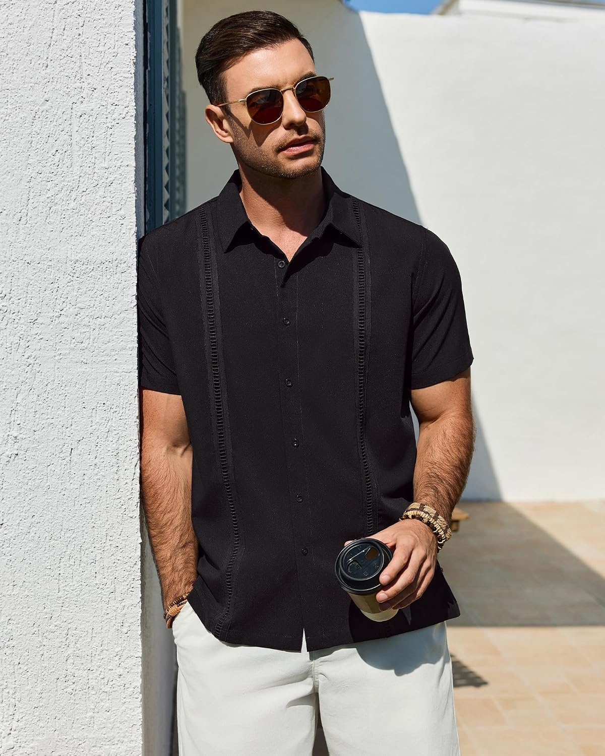 image:imageMens Cuban Guayabera Short Sleeve Button Down Shirt Casual Beach Summer Lightweight Breathable Collared Untucked Daily Wear Cruise Dinner Resort Walk Vacation Party Wedding SolidBlack