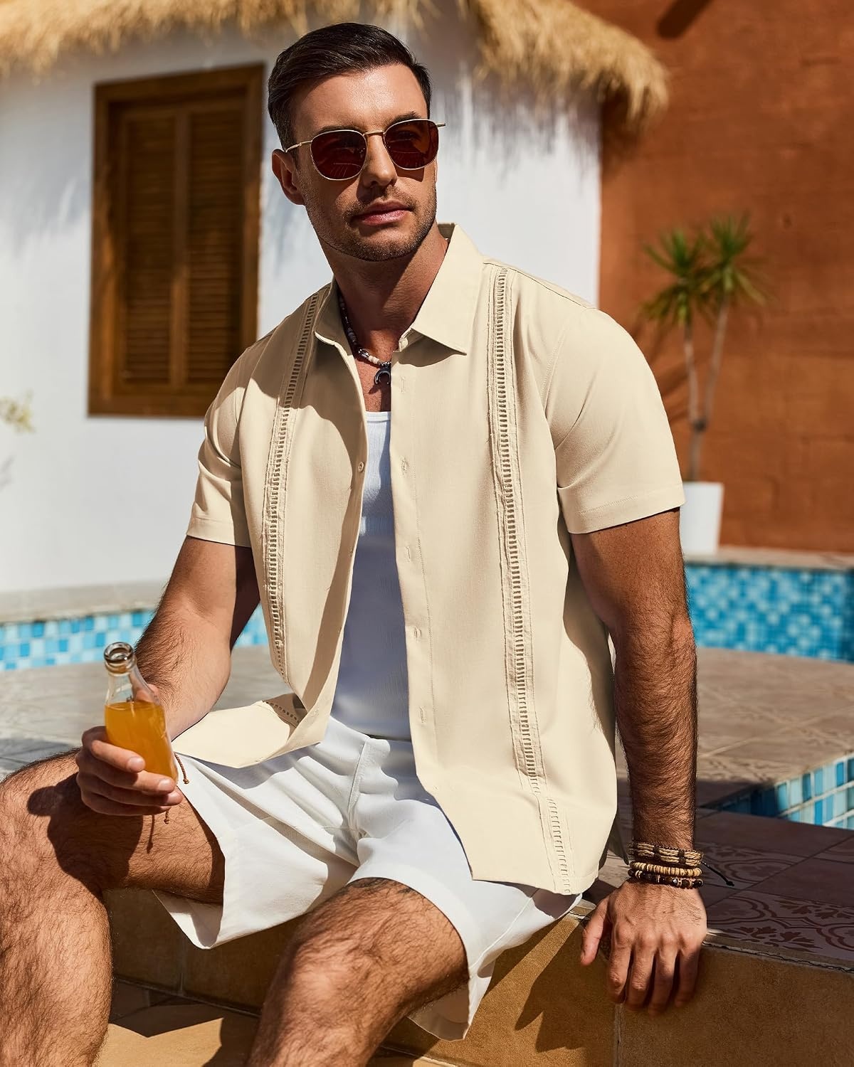 image:imageMens Cuban Guayabera Short Sleeve Button Down Shirt Casual Beach Summer Lightweight Breathable Collared Untucked Daily Wear Cruise Dinner Resort Walk Vacation Party Wedding SolidBeige