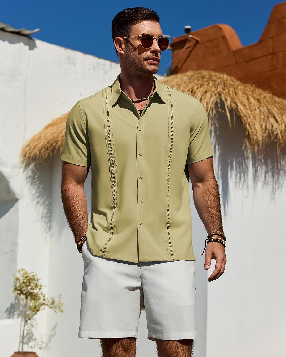 image:imageMens Cuban Guayabera Short Sleeve Button Down Shirt Casual Beach Summer Lightweight Breathable Collared Untucked Daily Wear Cruise Dinner Resort Walk Vacation Party Wedding SolidYellow Green
