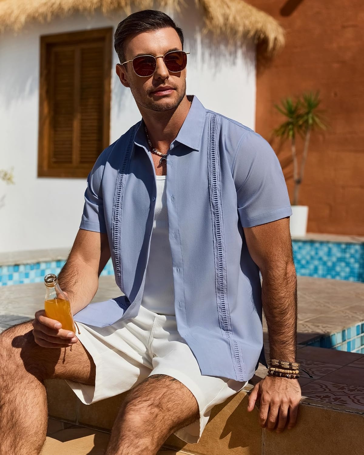 image:imageMens Cuban Guayabera Short Sleeve Button Down Shirt Casual Beach Summer Lightweight Breathable Collared Untucked Daily Wear Cruise Dinner Resort Walk Vacation Party Wedding SolidDusty Blue