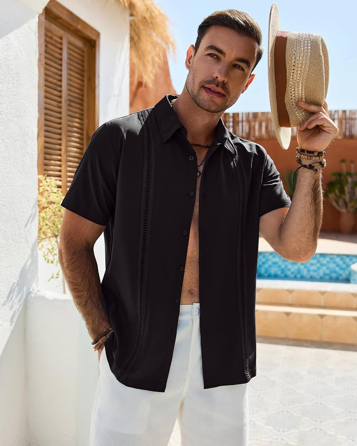 image:imageMens Cuban Guayabera Short Sleeve Button Down Shirt Casual Beach Summer Lightweight Breathable Collared Untucked Daily Wear Cruise Dinner Resort Walk Vacation Party Wedding SolidBlack
