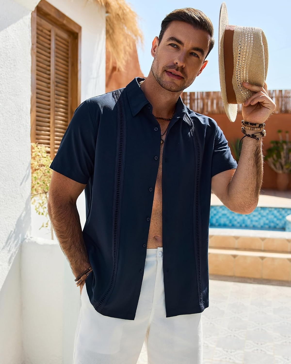 image:imageMens Cuban Guayabera Short Sleeve Button Down Shirt Casual Beach Summer Lightweight Breathable Collared Untucked Daily Wear Cruise Dinner Resort Walk Vacation Party Wedding SolidNavy Blue