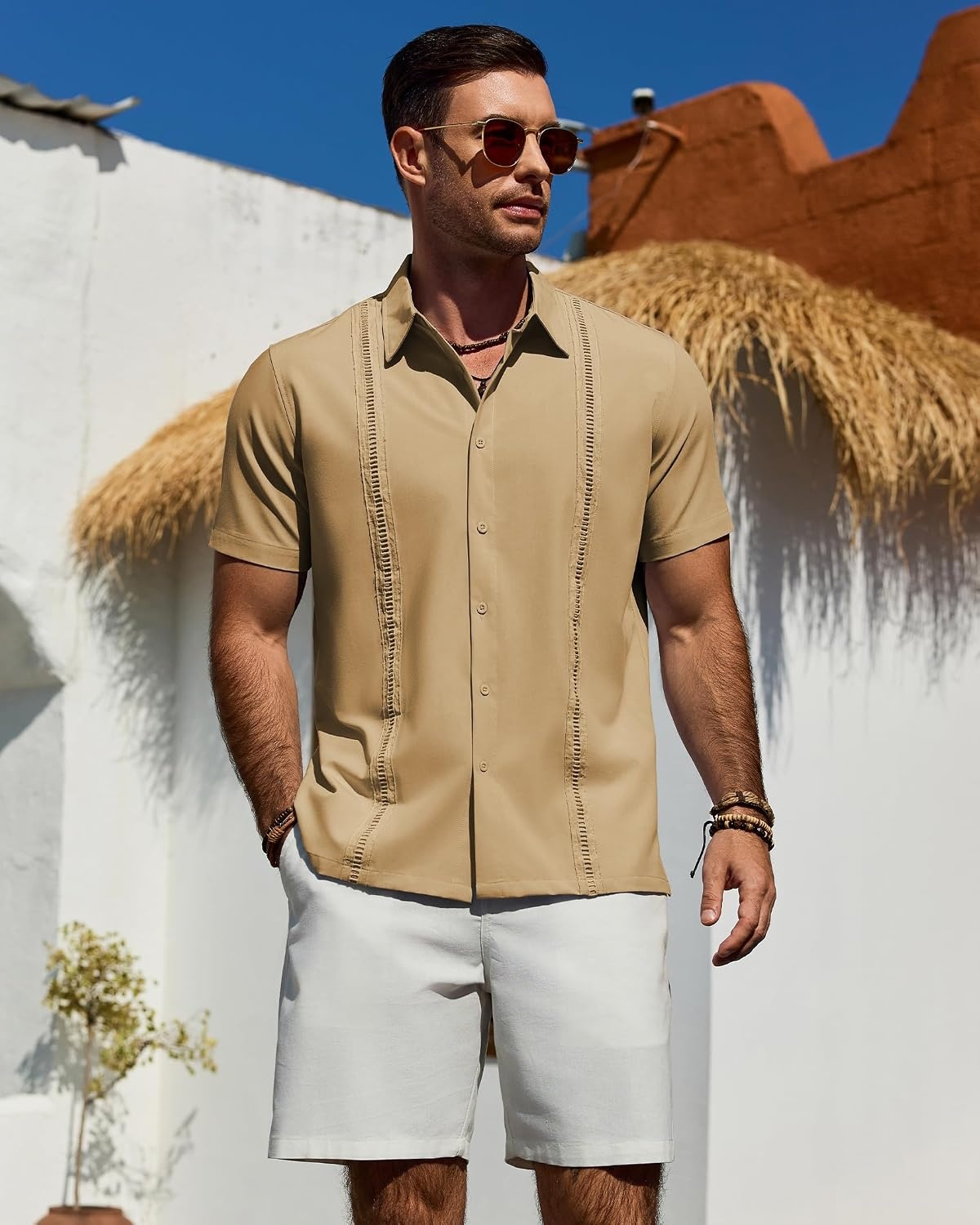 image:imageMens Cuban Guayabera Short Sleeve Button Down Shirt Casual Beach Summer Lightweight Breathable Collared Untucked Daily Wear Cruise Dinner Resort Walk Vacation Party Wedding SolidYellow